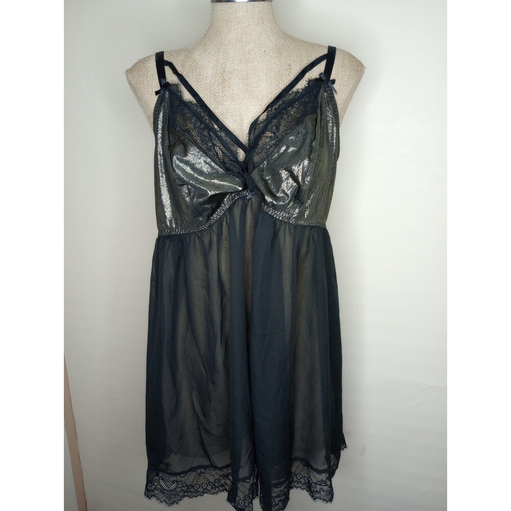 CACIQUE Negligee Lingerie Black Sheer Gold Lame Babydoll Thong Sz 22/24 NWT